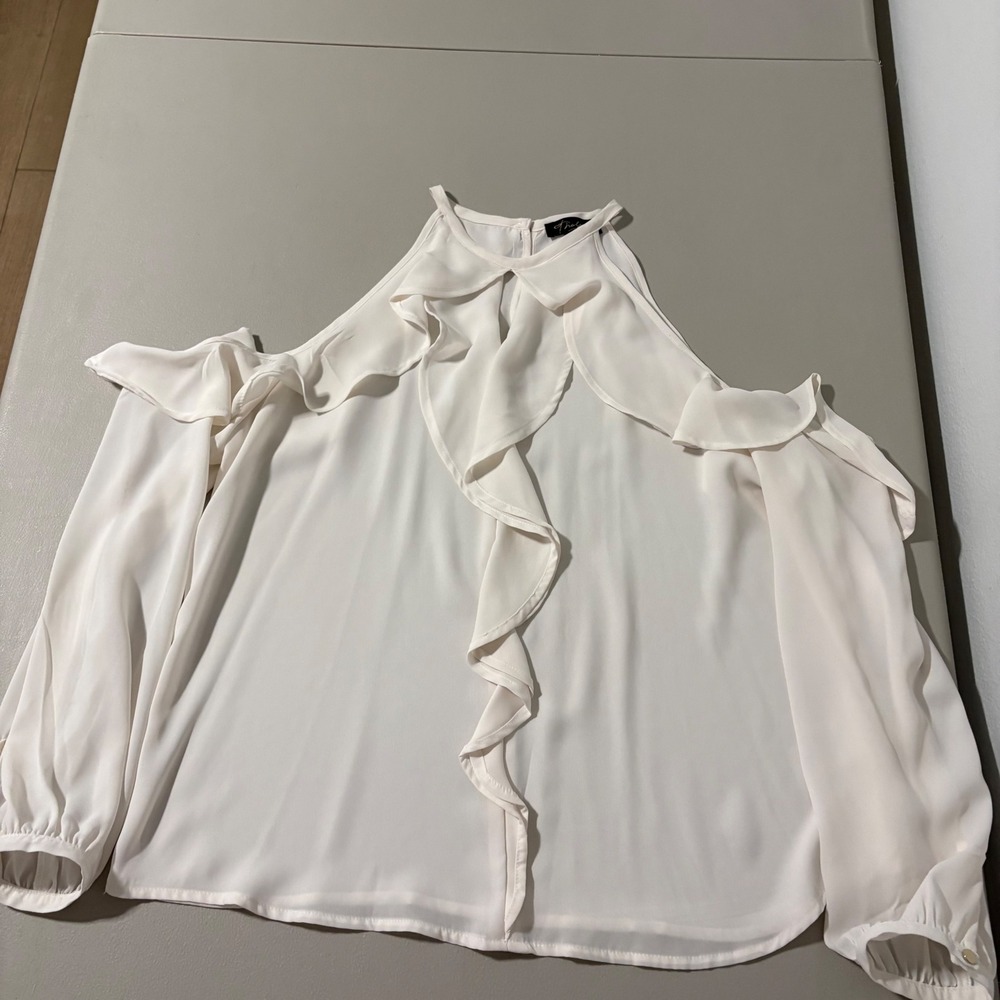 Thalia Sodi White Cold Shoulder Ruffle Blouse Halter Neck Long Sleeve Small